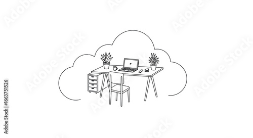 Minimalist office desk setup with laptop and plants in cloud outline