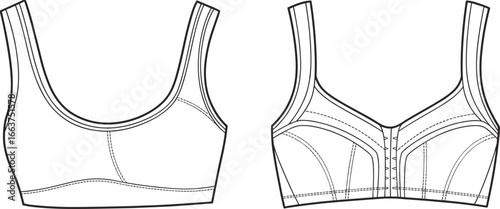 Comfortable seamless sports bra front and back view illustration, supportive workout wear, fitness apparel design, breathable activewear, women's athletic bra.