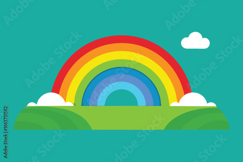 A vibrant rainbow arching over a green landscape with fluffy clouds creating a colorful and cheerful natural scene in the sky
