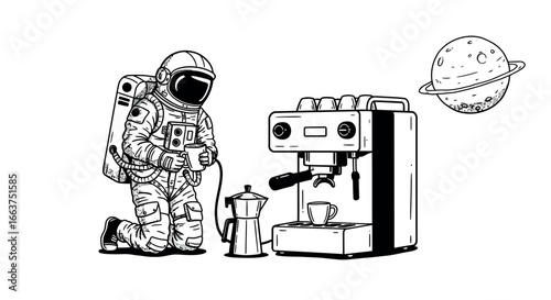Astronaut making coffee next to space-themed espresso machine and floating planet