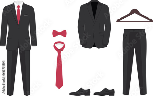 Formal suit vector illustration, men’s fashion outfit, business attire technical sketch, black tuxedo design, red tie and bow, stylish formal wear drawing