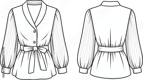 Elegant women's blouse with long puffed sleeves, buttoned front, waist tie belt, stylish collar, perfect for casual and formal wear