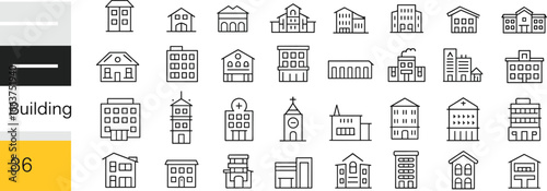 Building icon set with houses, apartments, offices, schools, and churches, modern architecture and real estate vector design collection