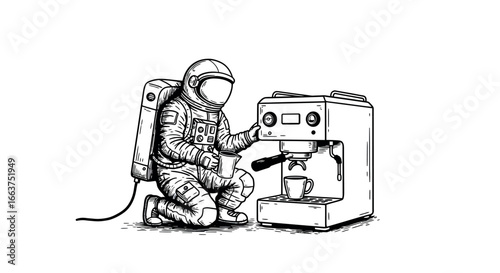 Astronaut brewing coffee: space-themed retro drawing of astronaut and espresso machine