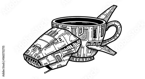 Futuristic spaceship coffee mug concept in detailed ink style