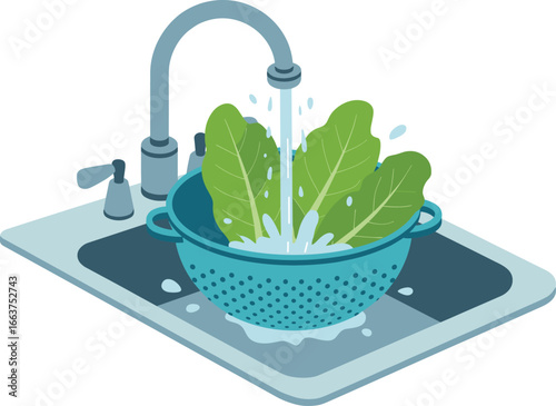 Fresh spinach leaves being washed under running water in a kitchen sink, healthy vegetables, clean eating, food hygiene, organic greens preparation