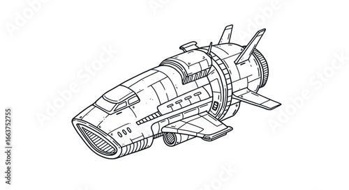 Futuristic spaceship in vintage linear style with detailed design