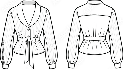 Stylish women's blouse with bow tie waist, long sleeves, button front, shawl collar, elegant pinstripe design, fashion top, casual wear.