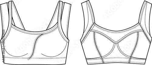 Technical fashion sketch of sports bra, activewear design flat, vector lingerie template, front and back view, stylish workout wear