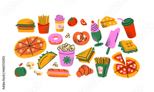 Fast food stickers set. Cartoon doodles of pizza, burgers, fries, hot dogs, donuts, and snacks. Vibrant street food vector illustrations for takeaway concepts.