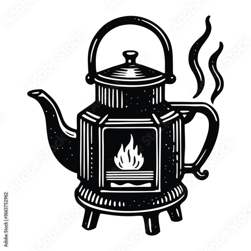 Vintage kettle heating on a fire with steam wisps