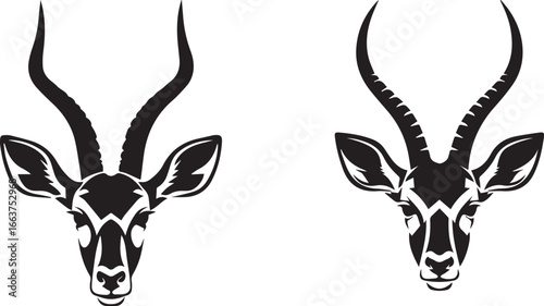 Minimalist black and white antelope head icons – tribal-style wildlife silhouettes with curved horns, bold symmetry, and frontal elegance
