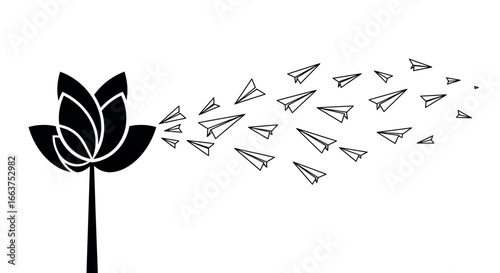 Paper planes emerging from lotus flower silhouette on white background