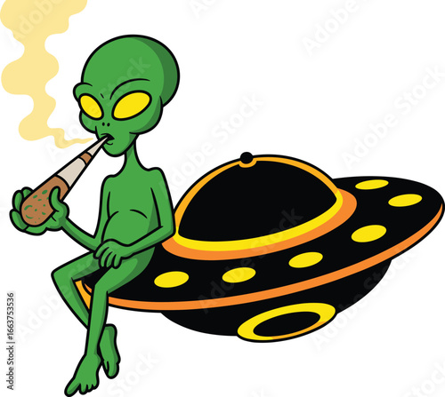 Funny green alien, smoking cartoon, UFO spaceship illustration, outer space humor, extraterrestrial character, vector design, digital artwork, editable image