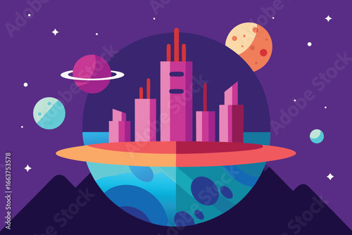 A futuristic city floats in space, surrounded by planets and stars, a vibrant and imaginative scene of cosmic exploration and urban fantasy