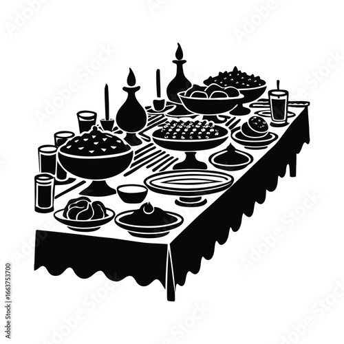 Black and white illustration of a festive banquet table laden with food