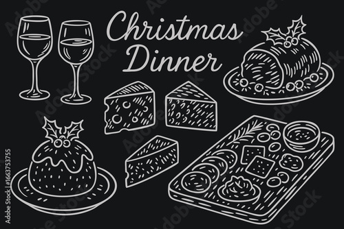 Christmas dinner table icons, including delicate wine glasses, cheese wedges, and charcuterie boards in simple minimalistic ink doodle monochrome black and white style