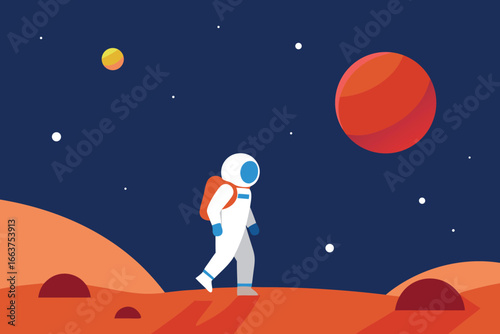 An astronaut explores the red planet mars, walking on the surface under a starry sky with a distant moon, embodying space exploration and adventure