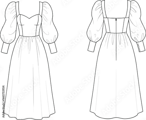 CAD drawing flat vector illustration of stylish puff sleeve dress, sweetheart neckline, front and back views, technical fashion sketch, elegant clothing design, garment template layout
