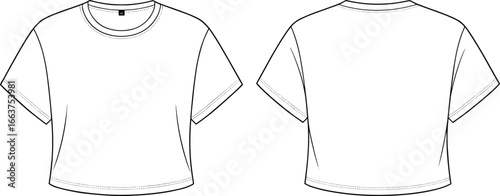 CAD drawing flat vector illustration of women's basic cropped t-shirt with round neck, short sleeves, clean outline, fashion sketch, template