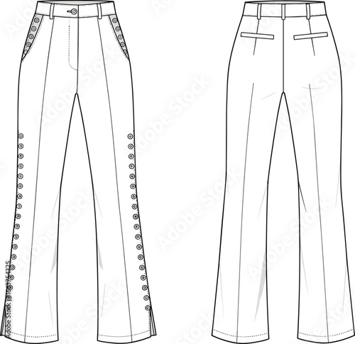  Women's Flared Pants Technical Drawing, High Waist Design with Side Button Details, Modern Apparel Vector, Editable Template for Designers, SEO Maintained, Flat Vector