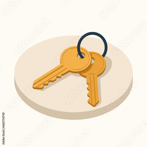 Two keys on a keyring resting on a circular surface  