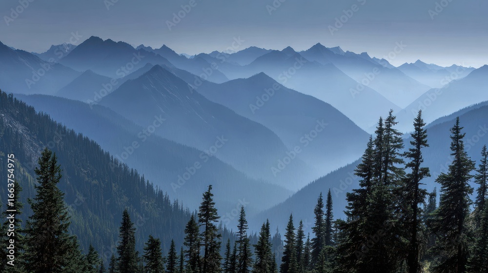 Naklejka premium Tranquil Northwest Mountains: Misty Peaks Surrounded by Blue Sky and Lush Coniferous Forest