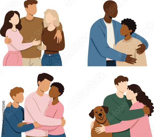Diverse couples hugging, family embracing moments, interracial relationships, parents with children, pet companionship, modern lifestyle, love, affection