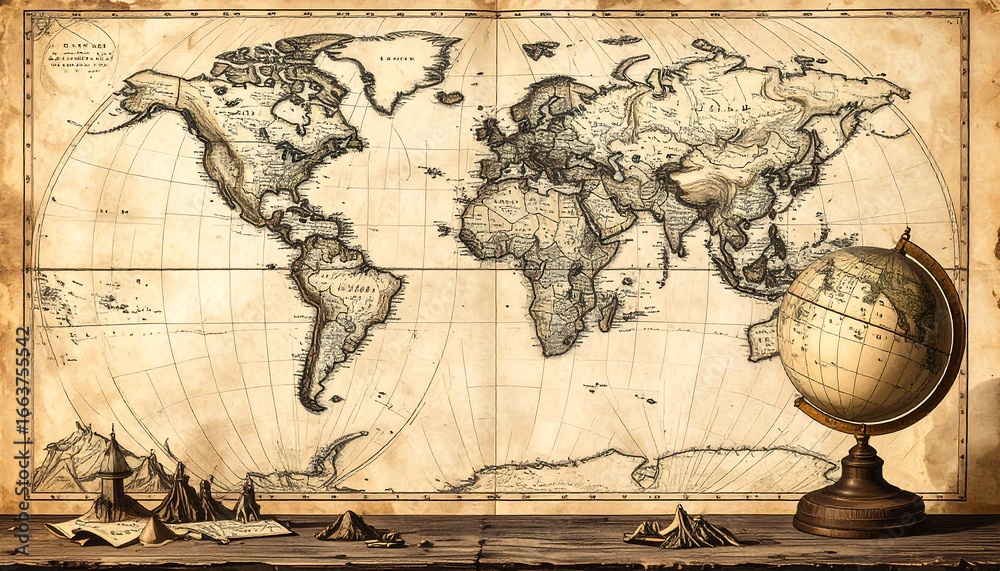 Obraz premium An antique world map with a vintage globe, detailed and aged, creating a historical and nostalgic atmosphere.