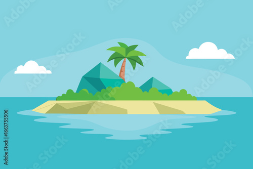 A serene tropical island with lush palm trees, turquoise water, and a sandy beach, inviting you to a peaceful vacation getaway