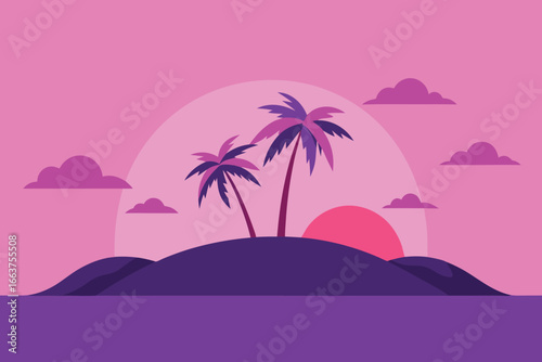 A tranquil tropical island at sunset with palm trees silhouetted against the colorful sky, creating a peaceful and idyllic vacation scene