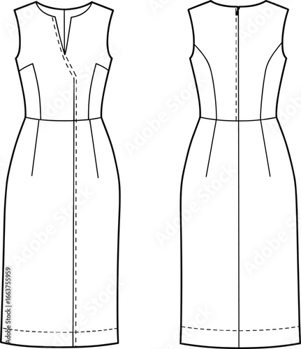 Women's Sleeveless V-Neck Dress Technical Drawing, Fitted Bodice, Pencil Skirt, Modern Apparel Vector, Editable Template for Designers, SEO Maintained, Flat Vector