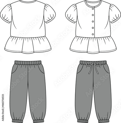 Girls puff sleeve button top and jogger pants vector set, stylish kidswear template with front detail, CAD drawing flat vector illustration