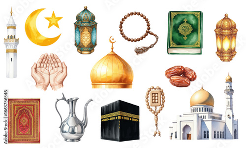 Islamic Religious Symbols Watercolor Clipart Set