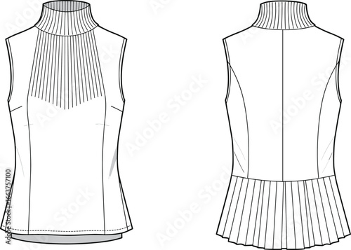 Sleeveless Mock Neck Blouse with Pin Tucks and Pleated Hem, Modern and Elegant Women's Fashion Apparel