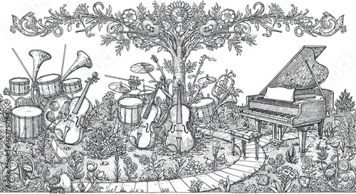 Orchestra instruments in floral garden with intricate line art