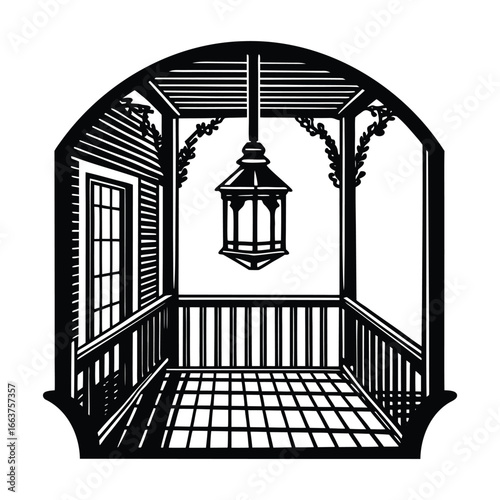 Victorian porch with hanging lantern and window