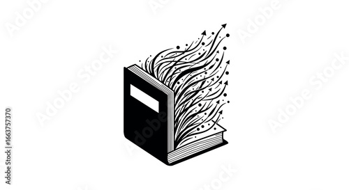 Imaginative book with flowing arrows and patterns in black and white design