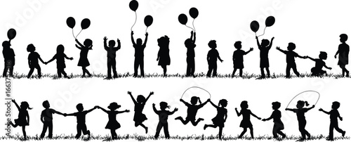 Group of children playing, holding balloons, running, skipping rope, silhouette illustration, happy kids outdoors, childhood fun, black and white, grass children, silhouette, playing, vector, kids, ha