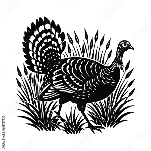 Black and white illustration of a turkey walking through tall grass and reeds