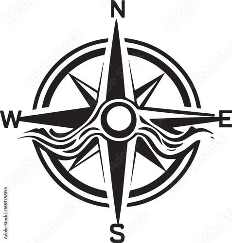 Navigational Guide: The compass rose, elegantly crafted to guide exploration. The directional instrument, featuring the four cardinal points, with sea inspired illustration.