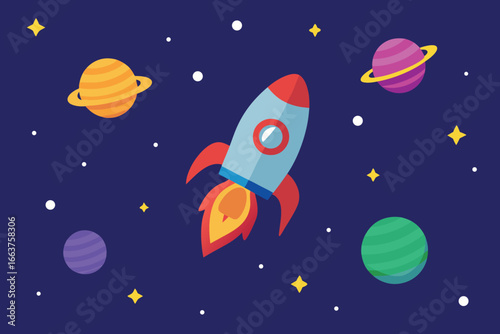 A rocket soars through space amidst planets and stars, symbolizing the thrill of space exploration and scientific discovery