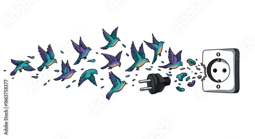 Birds transforming into electric plug: whimsical surrealism with avian details