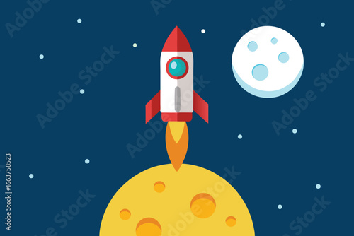 A cartoon rocket launching from a moon surface, surrounded by stars, creating a whimsical and adventurous scene of cosmic exploration and discovery in space