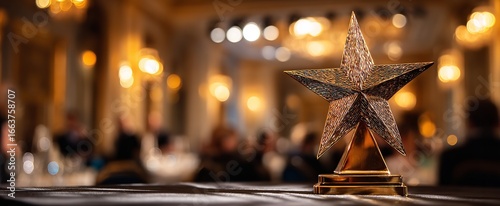 Golden star-shaped trophy on elegant table with blurred festive lights in background, symbolizing success, award, and celebration