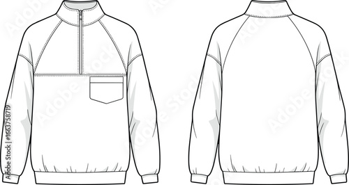 Half zip sweatshirt front and back view, pocket design, elastic cuffs and hem, casual wear top, CAD drawing flat vector illustration.