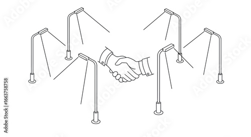 Linear handshake under streetlights conceptualizing business and networking