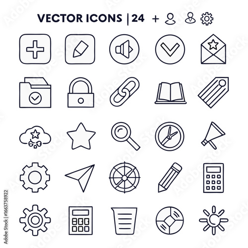 Business and Utility Line Icons – Office, Communication, Tools, Folder, Lock, Calculator