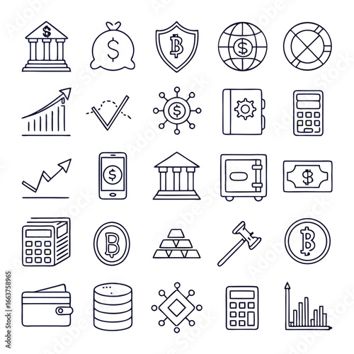 Finance and Cryptocurrency Line Icons – Bank, Bitcoin, Wallet, Money, Safe, Chart