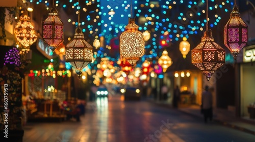 Ornate lanterns illuminate a festive street scene at night.